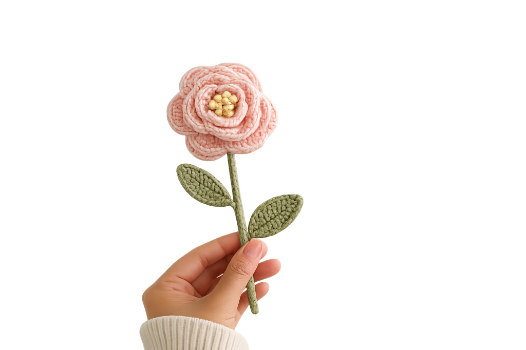 Hand holding a pink crochet rose — Yuktaa Arts